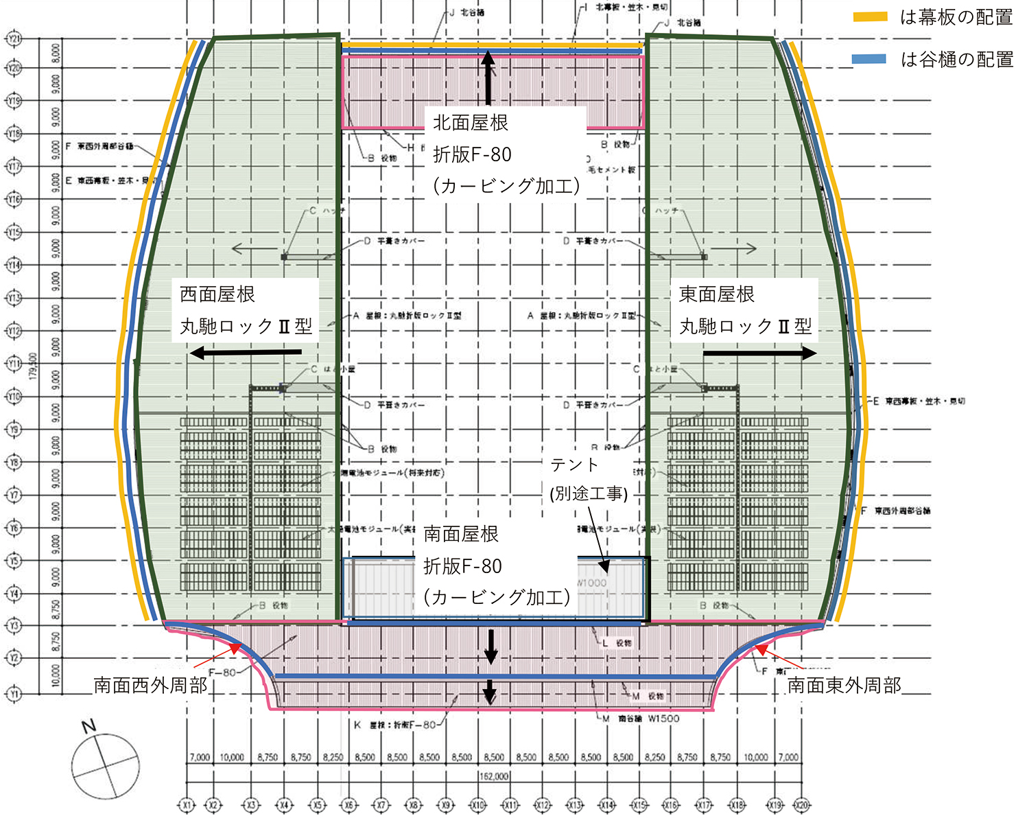 工屋根伏図　屋根を葺く方向と折版の種類が記されている
